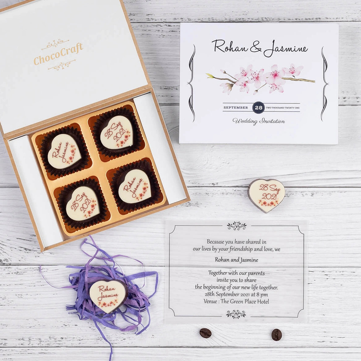 Top preview of 4-piece chocolate box for best wedding invitations
