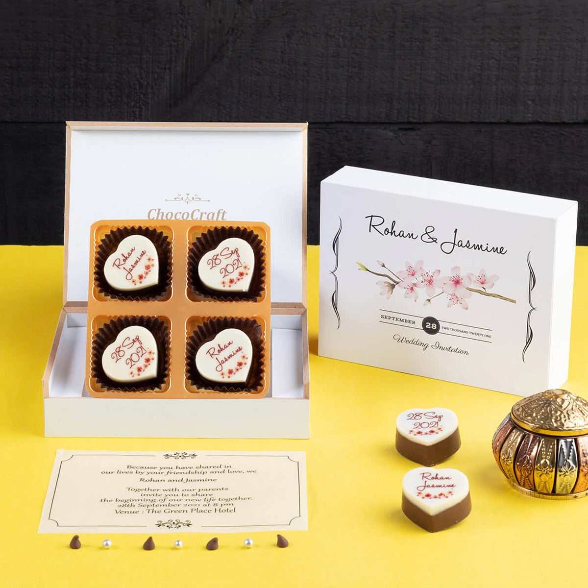 Open view of 4 chocolate wedding invitation box mockup
