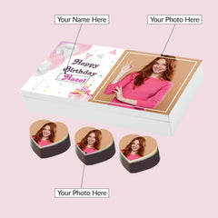 Detail view of custom birthday gifts box with photo and name