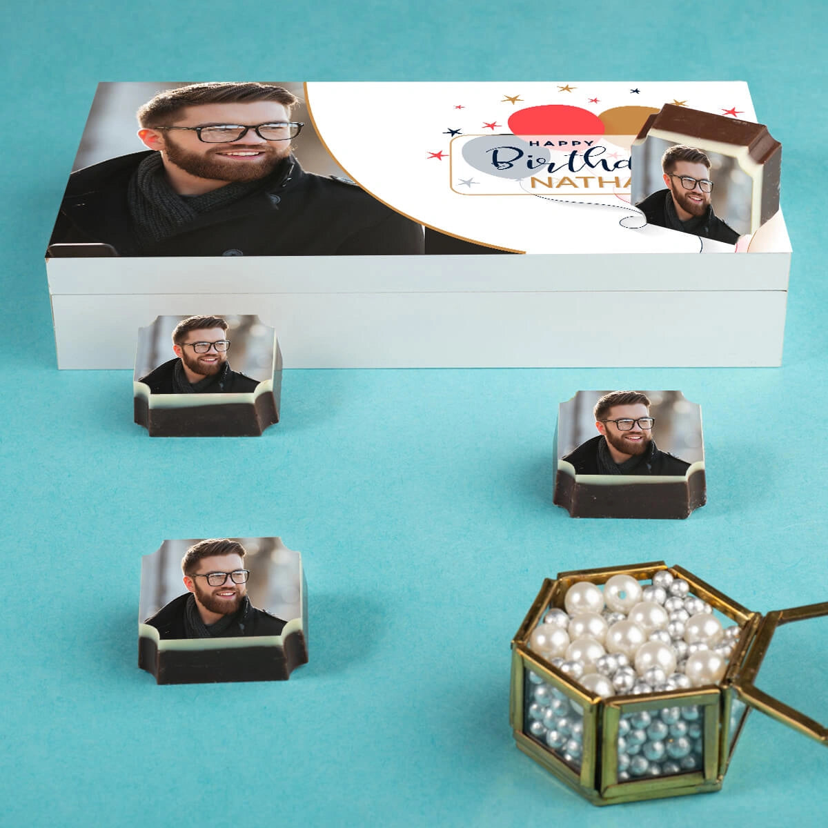 Detail view of birthday chocolate gift box with custom message