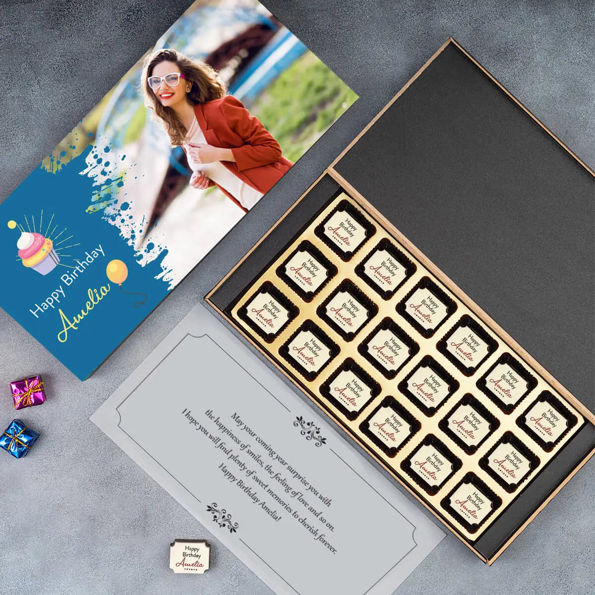 Box view of birthday gifts for girlfriend and birthday chocolate