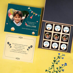 birthday invitation with 9-piece chocolate box