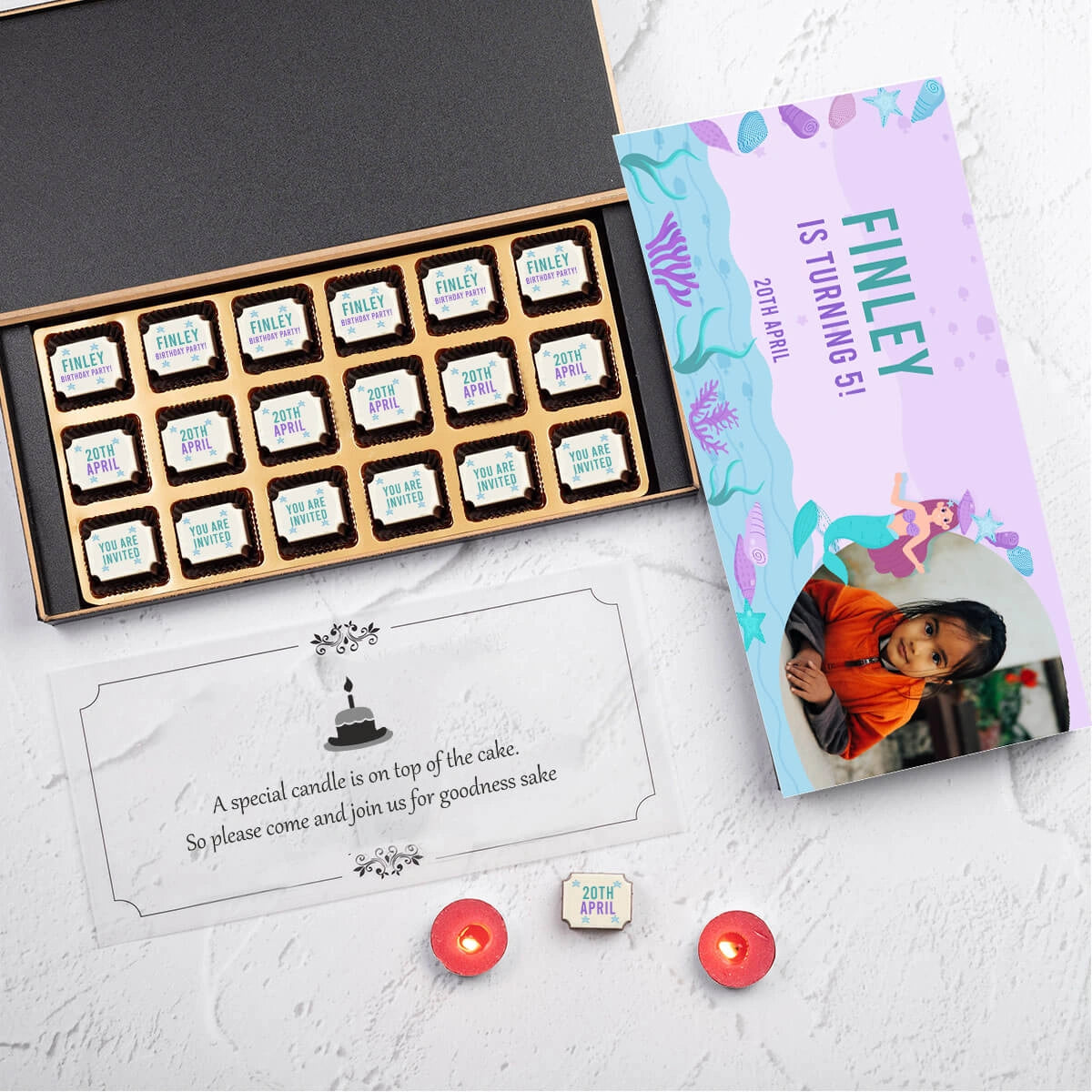 Large birthday invite box with 18 chocolates and photo printed center