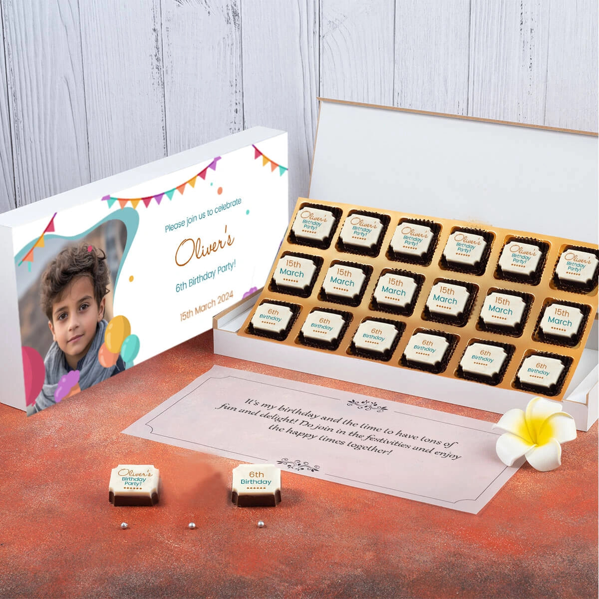 White wooden birthday invitation box with edible photo chocolate