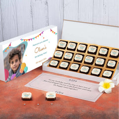 White wooden birthday invitation box with edible photo chocolate