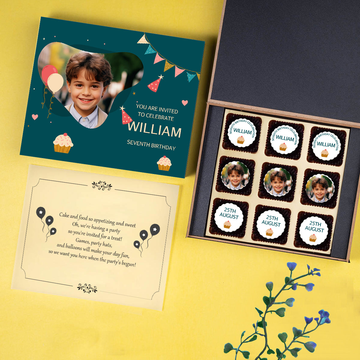 Black wooden birthday invite box with six edible printed chocolates