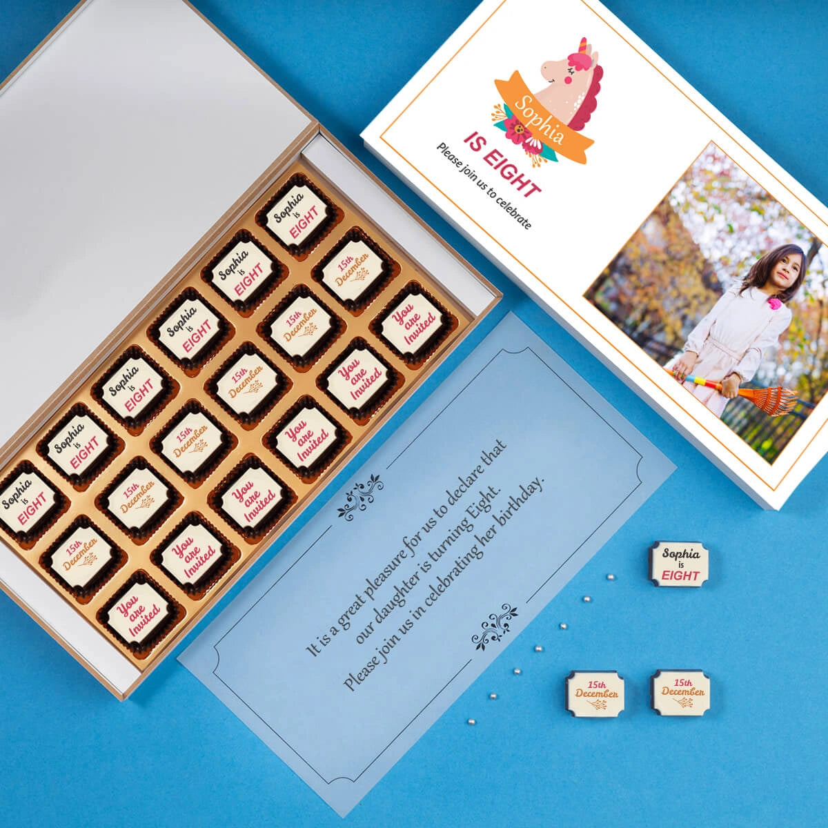 Luxury chocolate birthday invitation box with premium packaging.