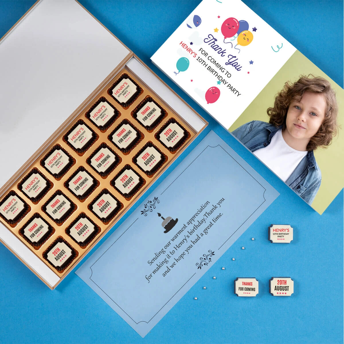 Birthday party favor box with printed chocolates				
