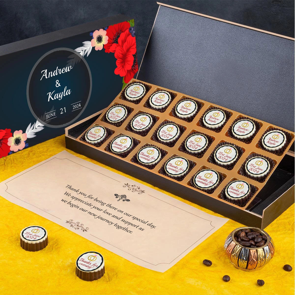 Collection of black wedding favor chocolate boxes