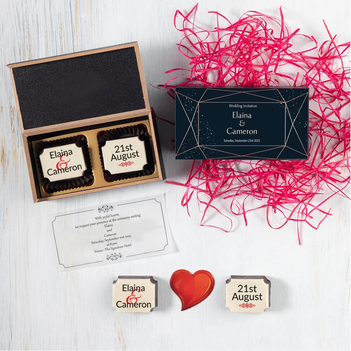 Black wooden box used for premium wedding chocolate invitations
