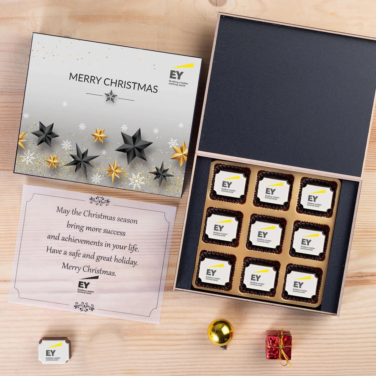 9-piece chocolate box featuring edible-ink logo chocolates