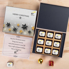9-piece chocolate box featuring edible-ink logo chocolates