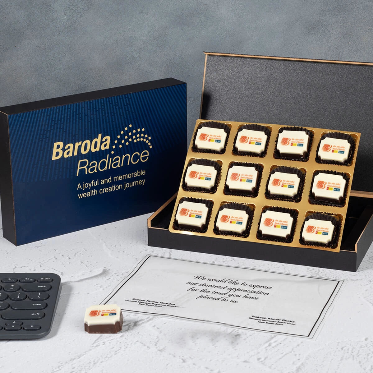 Branded chocolate gift box for finance clients—luxury unboxing experience