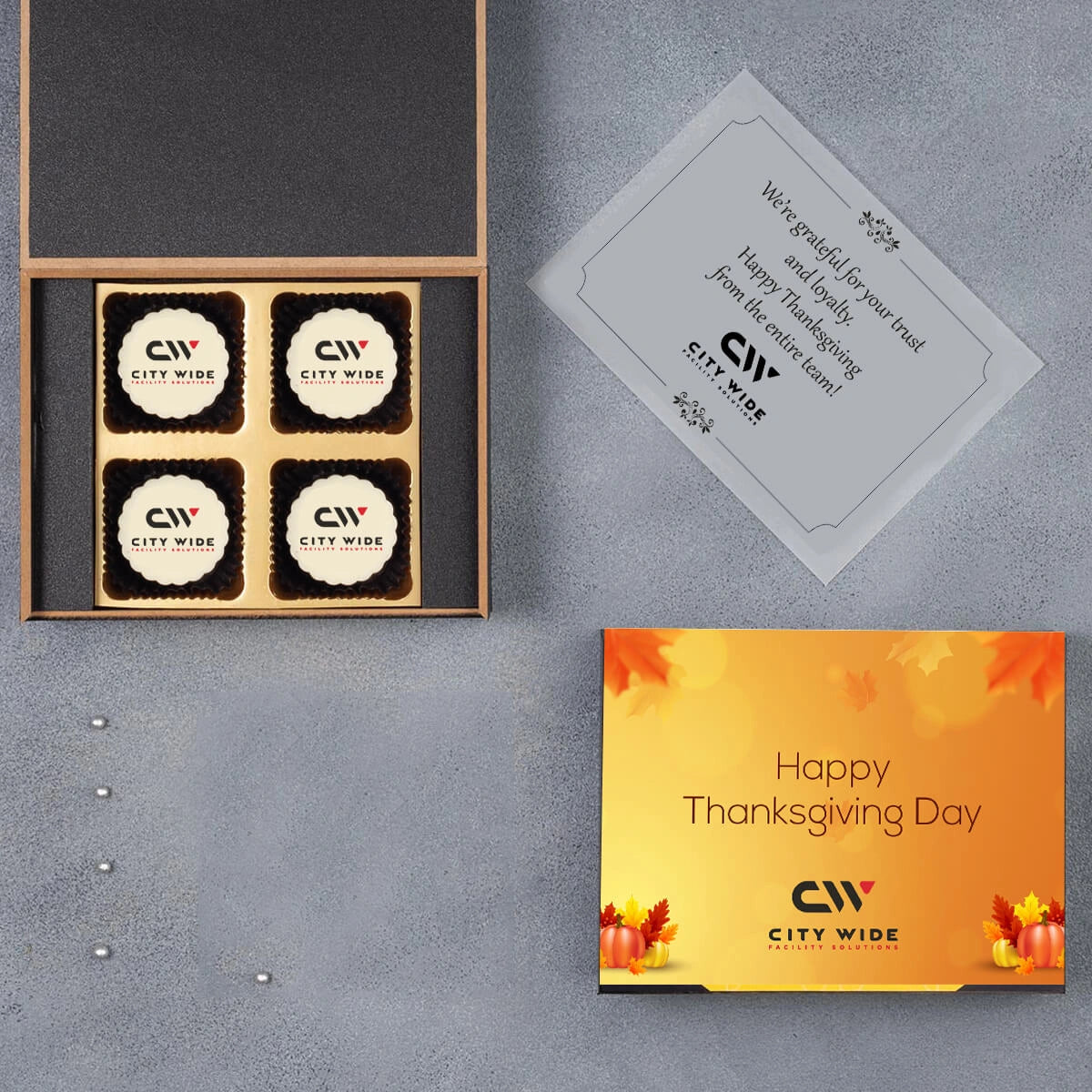 Branded 4-piece corporate chocolate gift set with edible logo printing