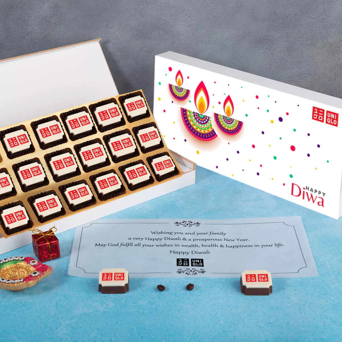 Branded corporate Diwali gift box – logo printed chocolates