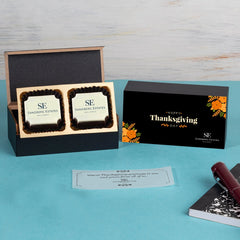 Thanksgiving gift box with custom printed chocolates and festive packaging