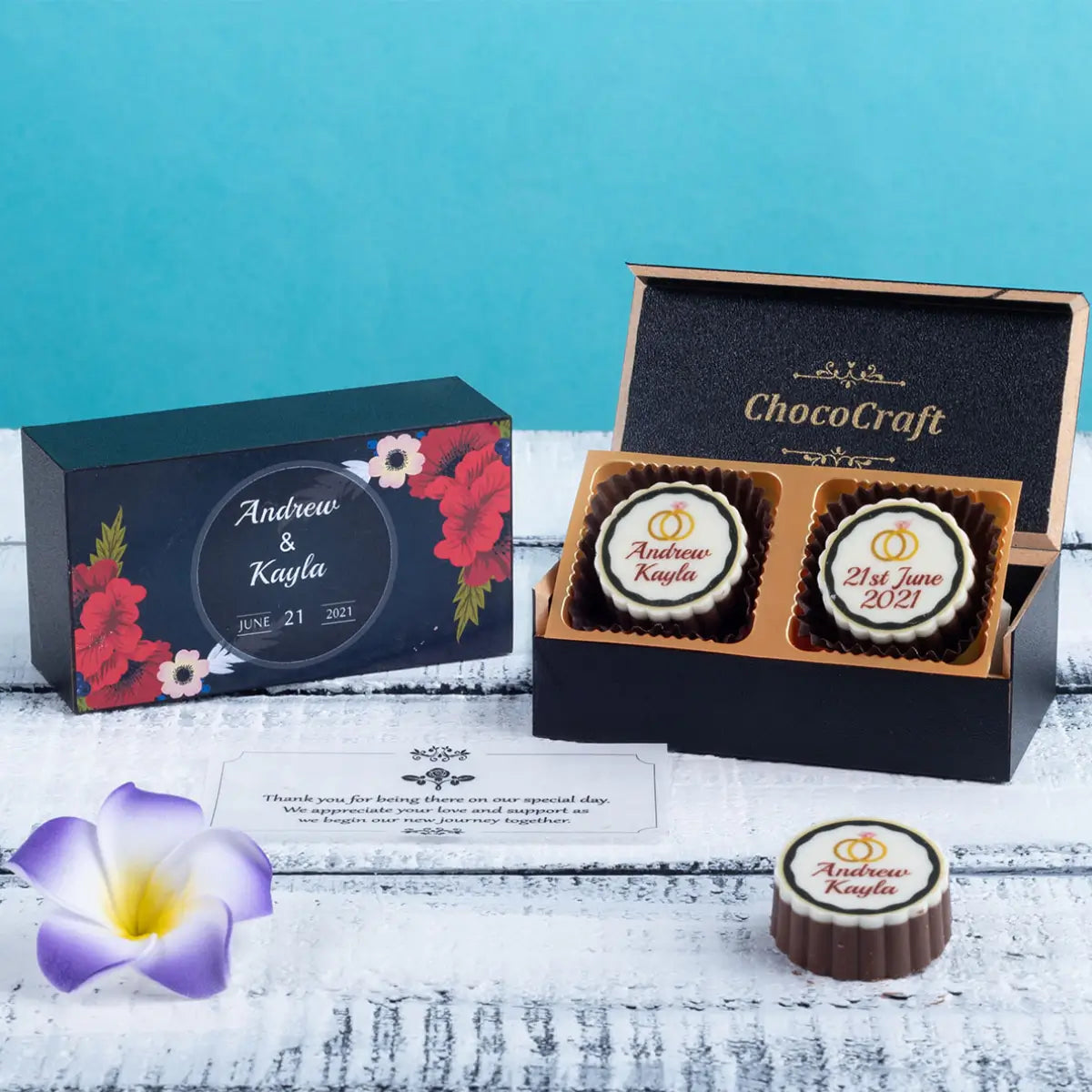 bulk buy wedding favor box with two personalized chocolates for wedding guests
