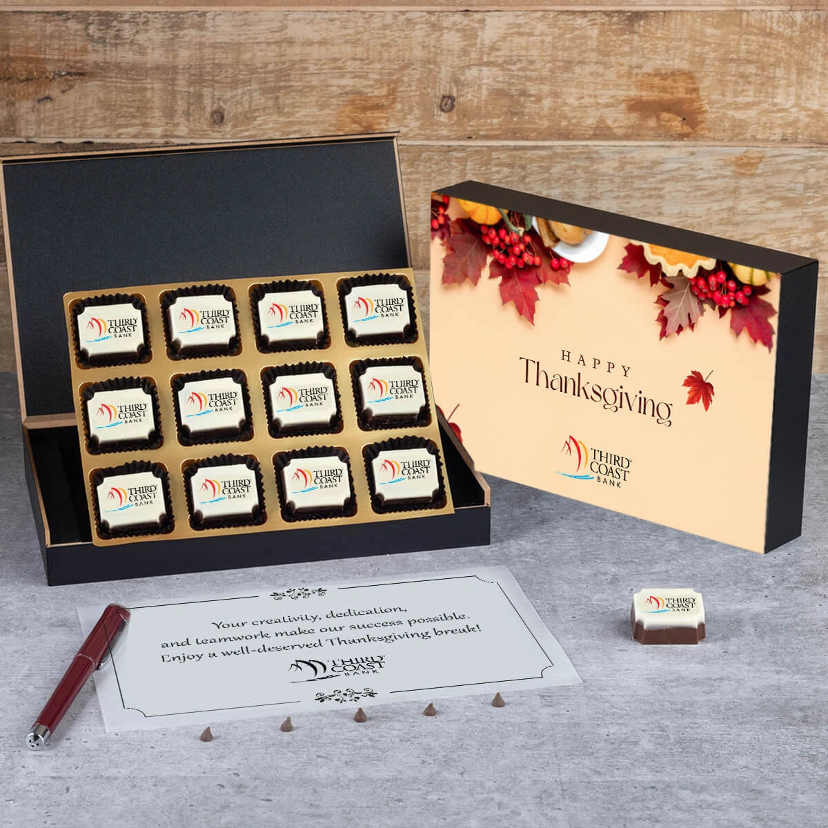 Thanksgiving corporate gift box featuring personalized butter paper message for clients