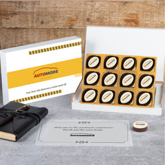 Full view of dealership branded thank you chocolate gift box