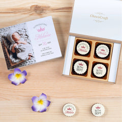 Sample chocolate box for a modern birth announcement