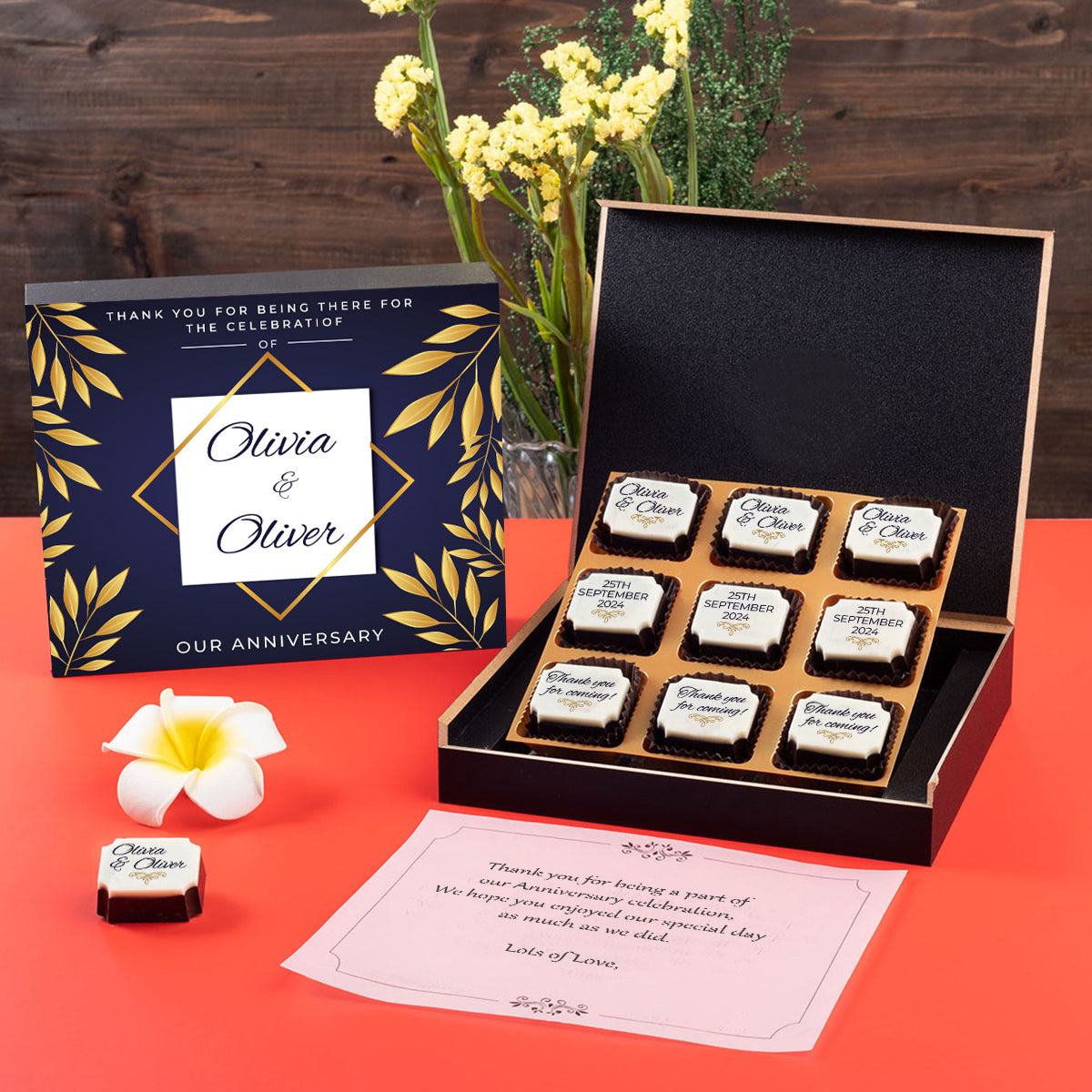 Chocolate favors for anniversary guest in a custom box