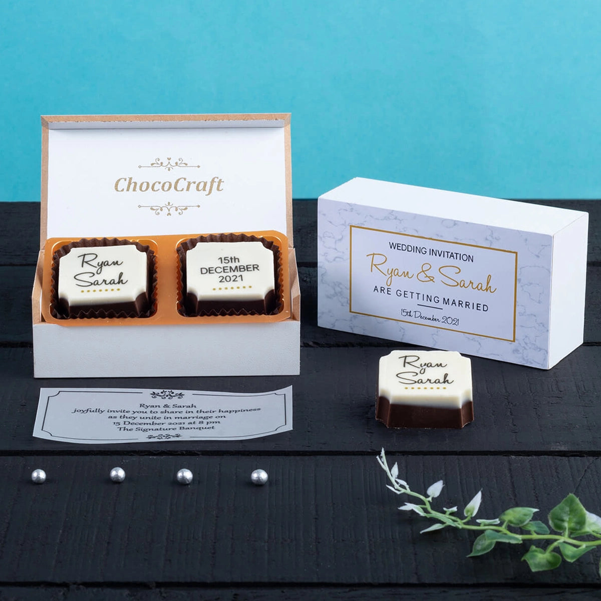 Preview of 2-piece chocolate wedding invitations with personalized design
