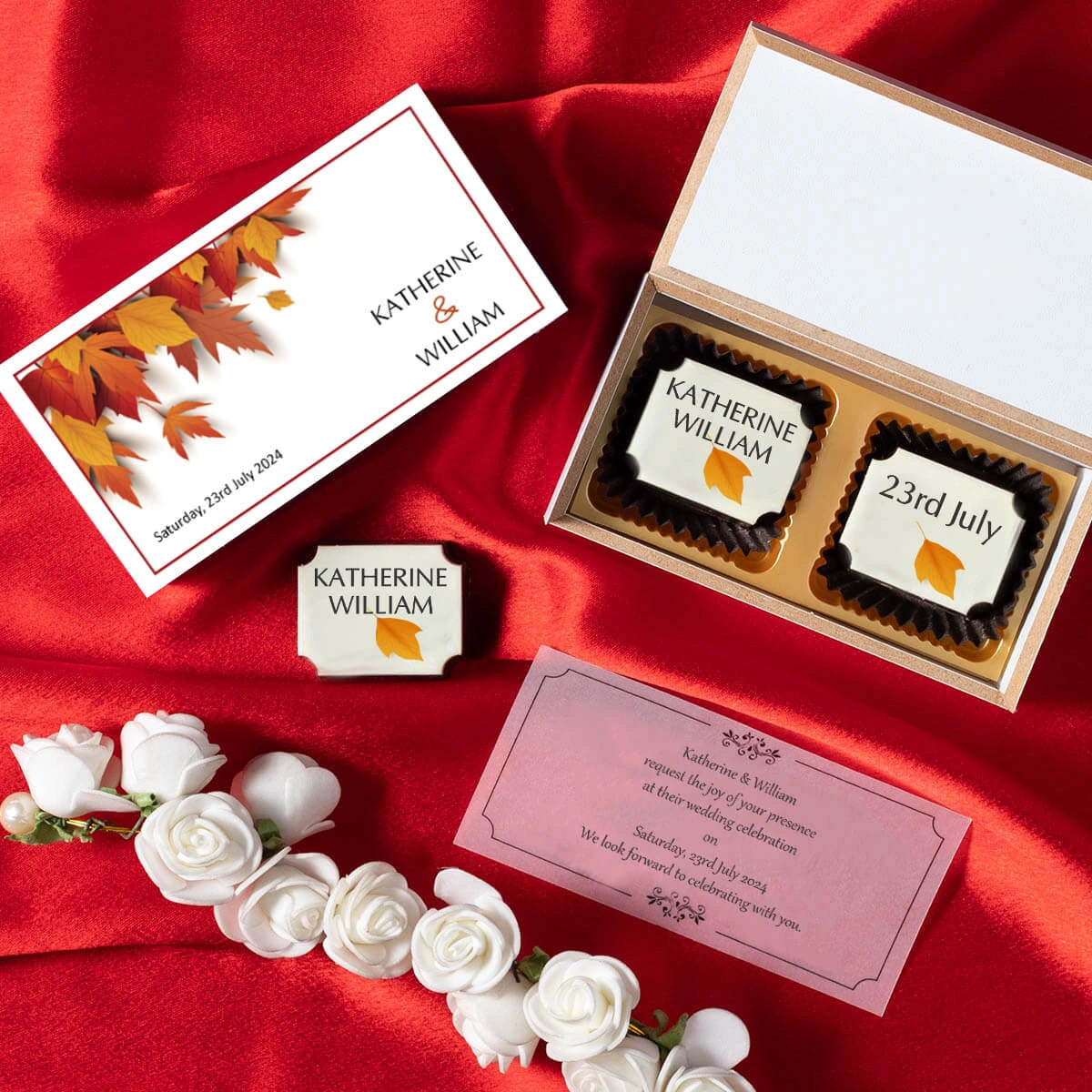 Open mockup of 2 chocolate wedding invitation with box and insert