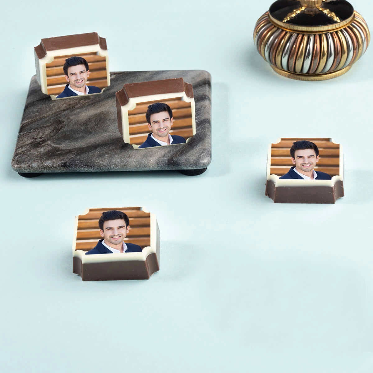 Congratulations gift delivery featuring a personalized chocolate box