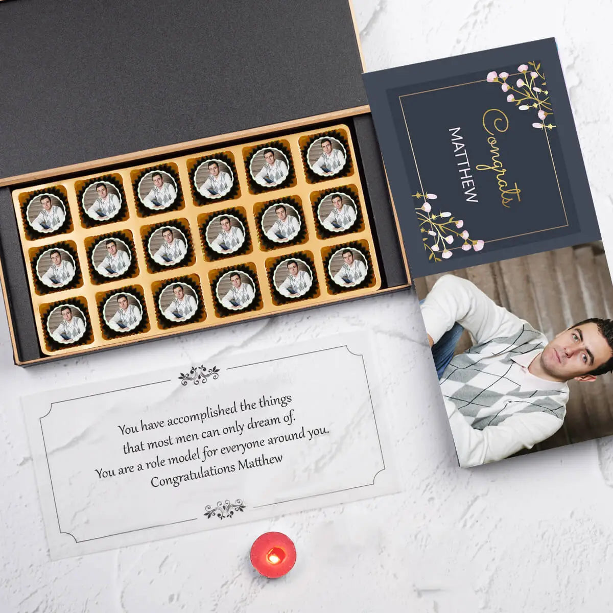 Box view of congratulations gifts for him		