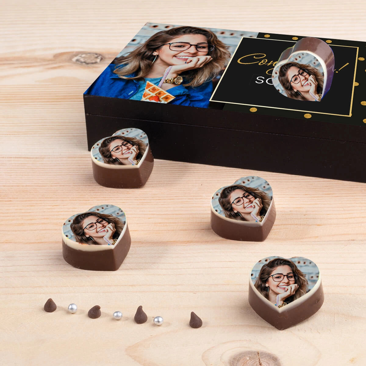 Top view of congratulations gifts to send featuring printed chocolate gift box from ChocoCraft