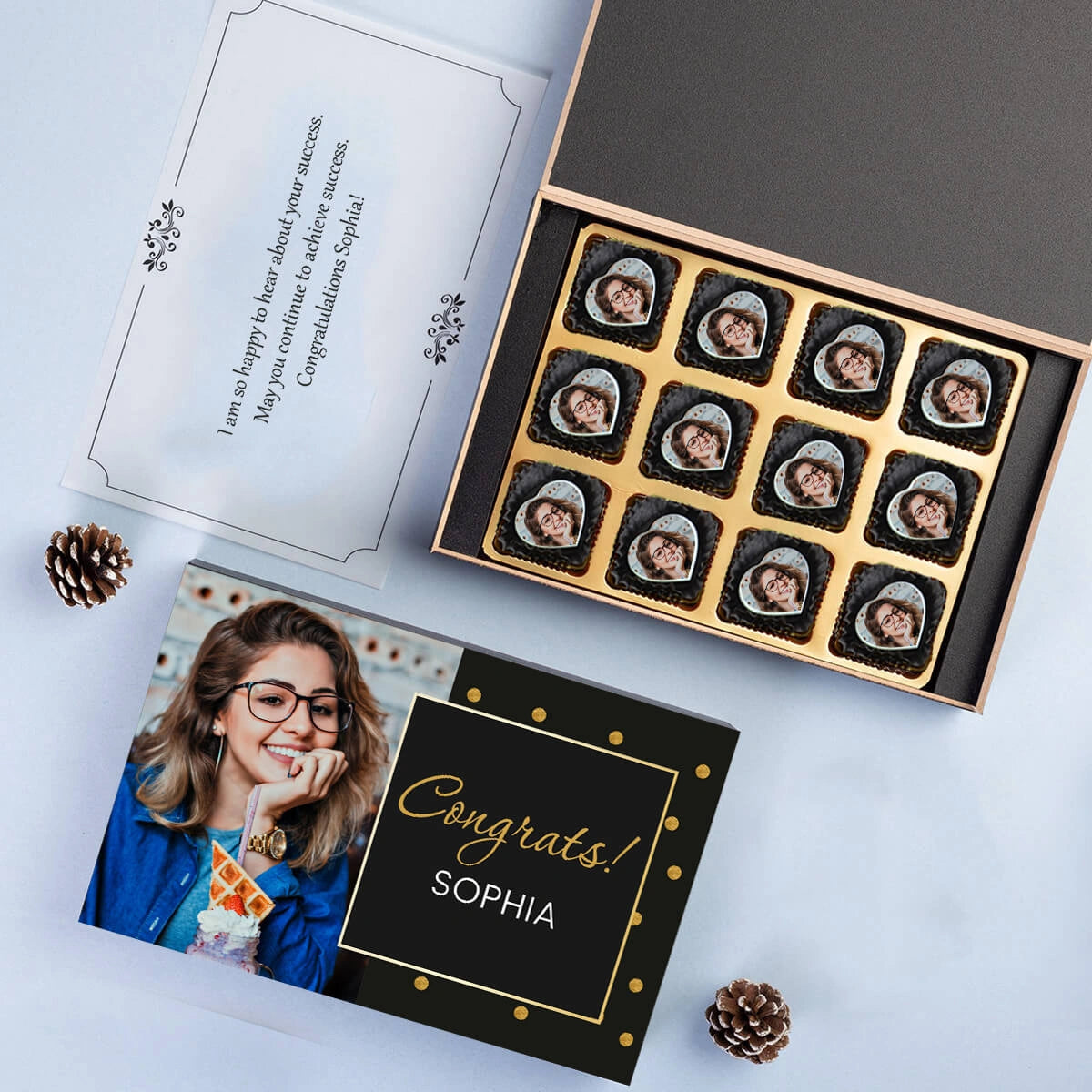 Unboxed congratulations gifts to send with custom ink on chocolates