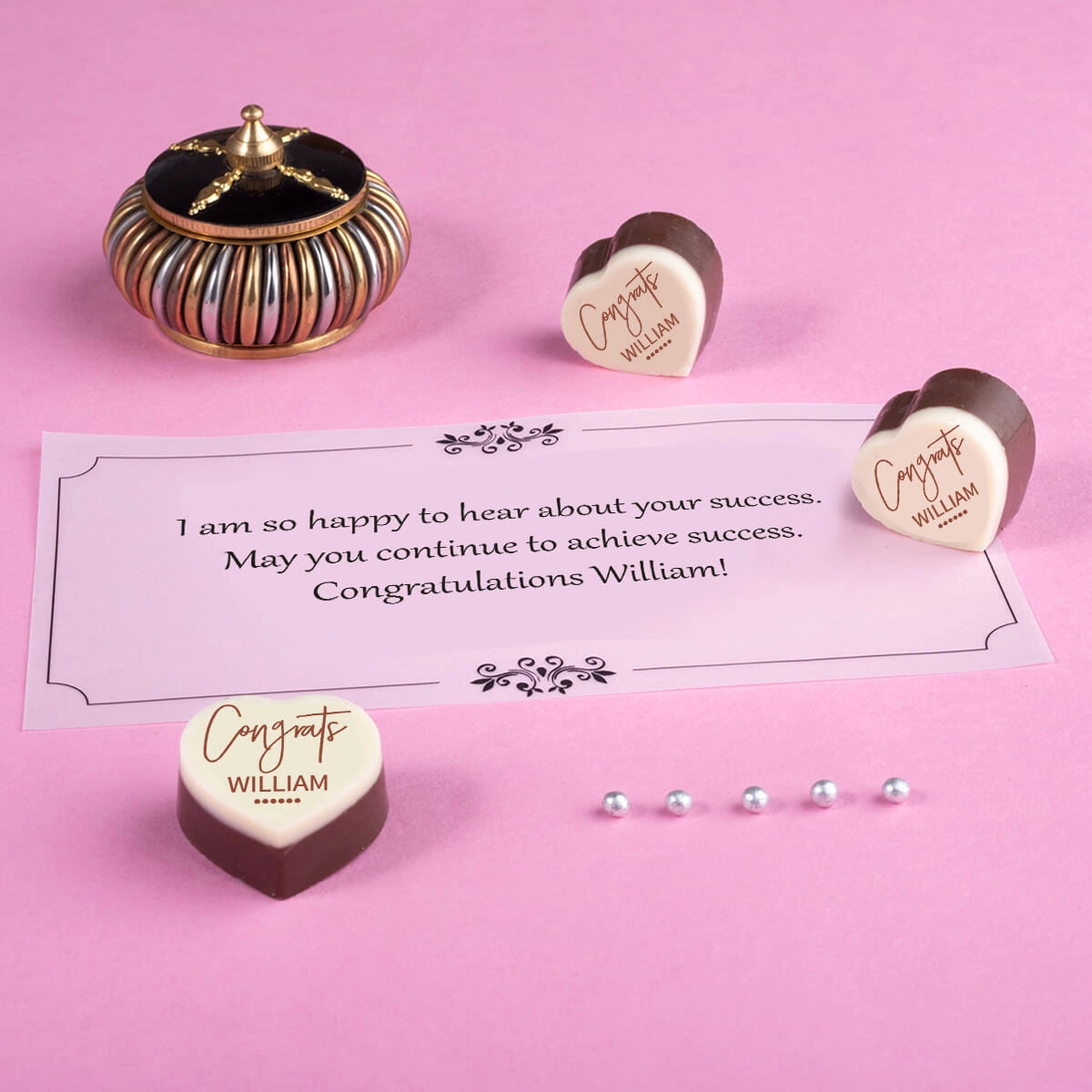 Top view of congratulations treats featuring printed chocolate gift box from ChocoCraft