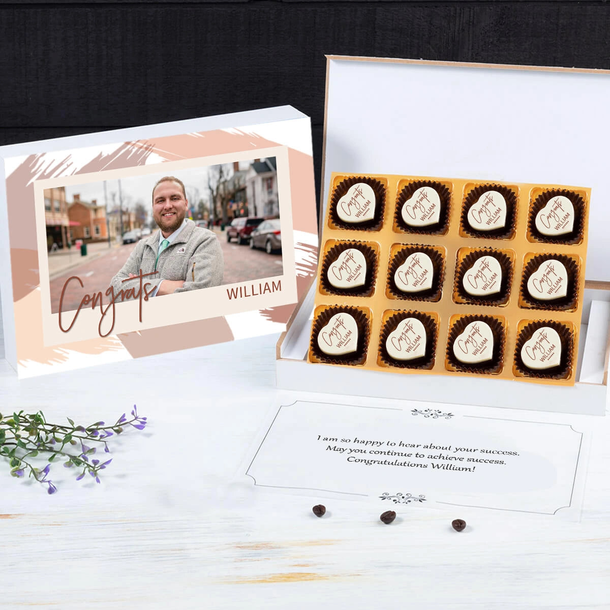 Unboxed congratulations treats with custom ink on chocolates