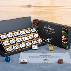 Corporate New Year gift with custom printed chocolates for clients