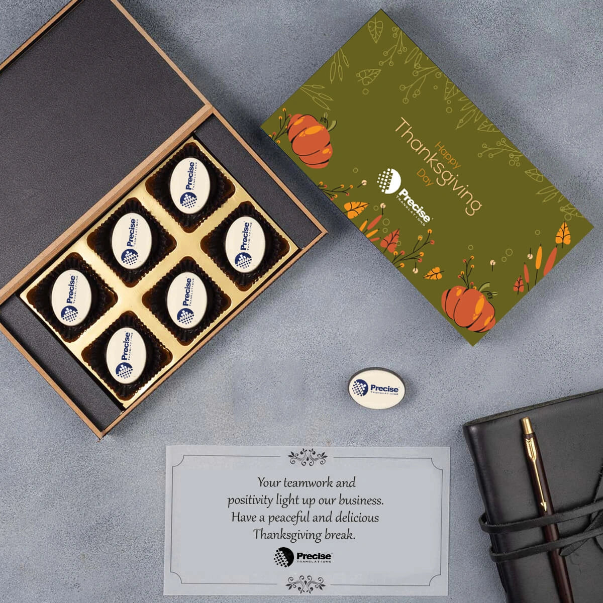 Personalized corporate Thanksgiving chocolate gift box with edible logo design