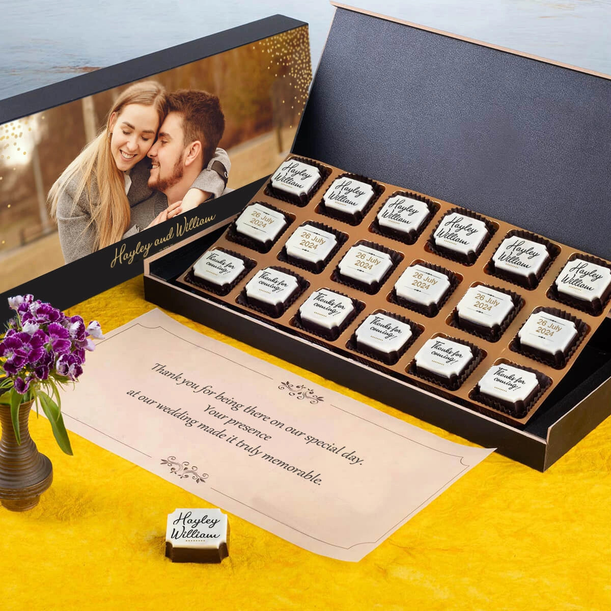 Wedding favor chocolate printed with couple initials