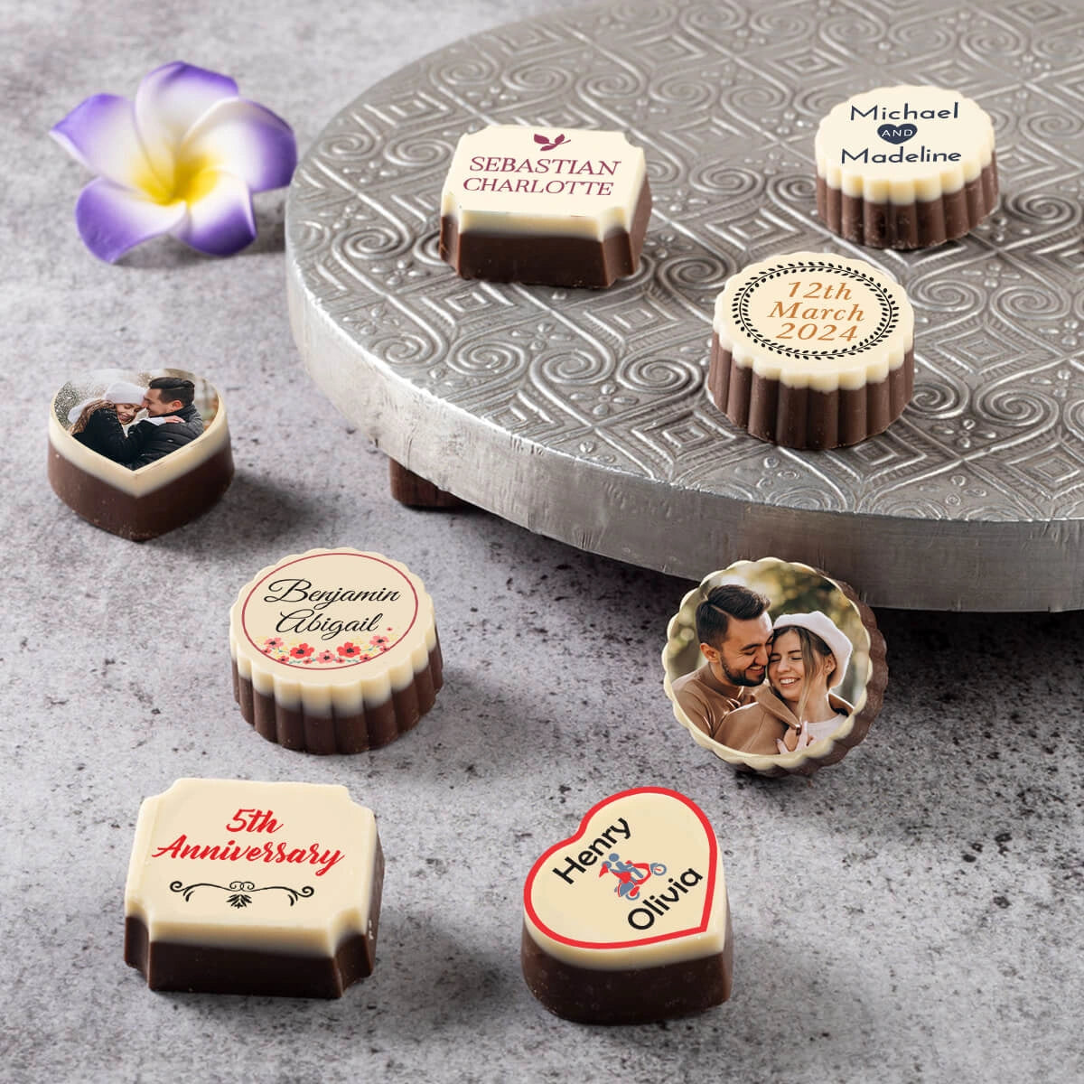 Anniversary invitation chocolates printed with couple photo inside wooden box