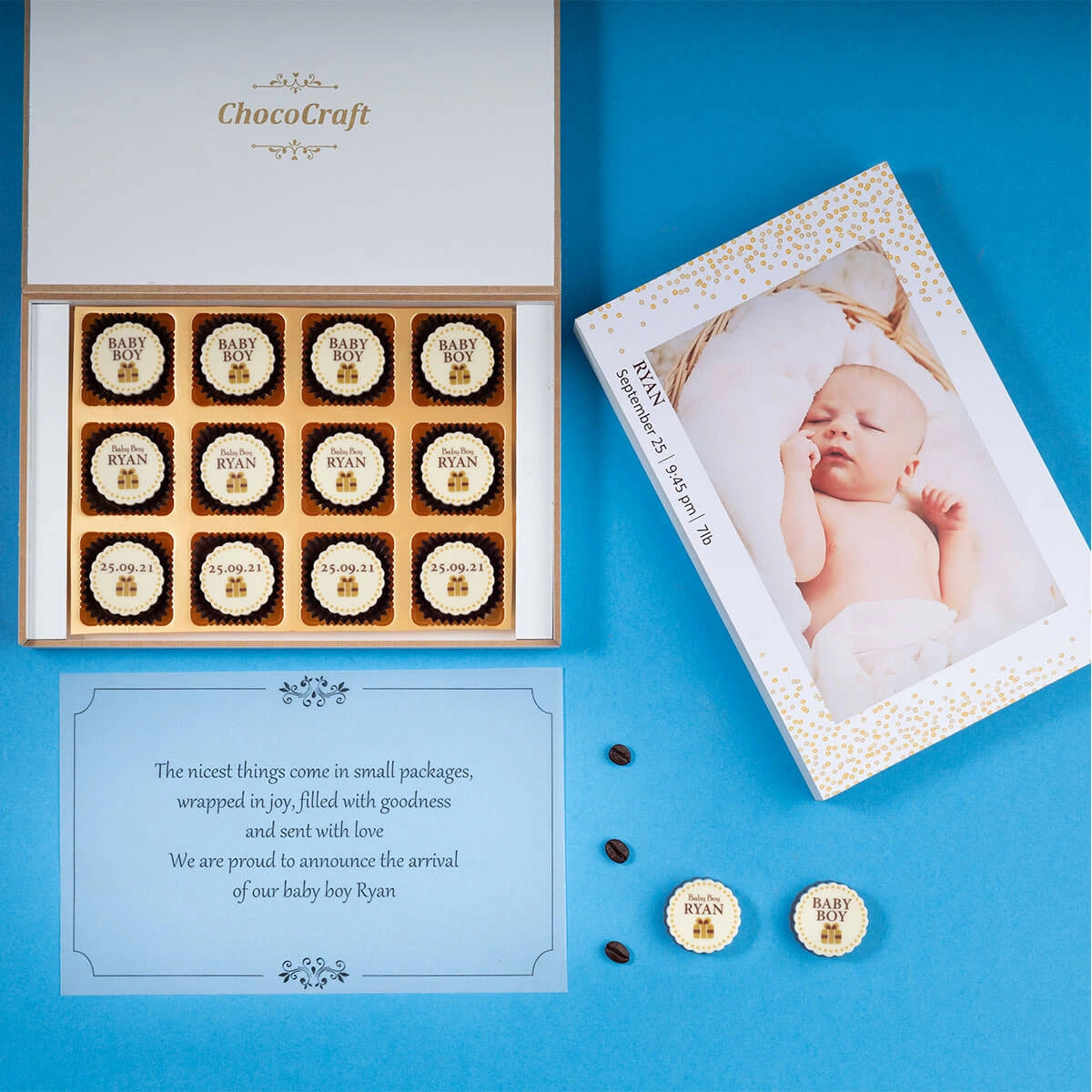 Custom chocolate box for sharing birth announcement online