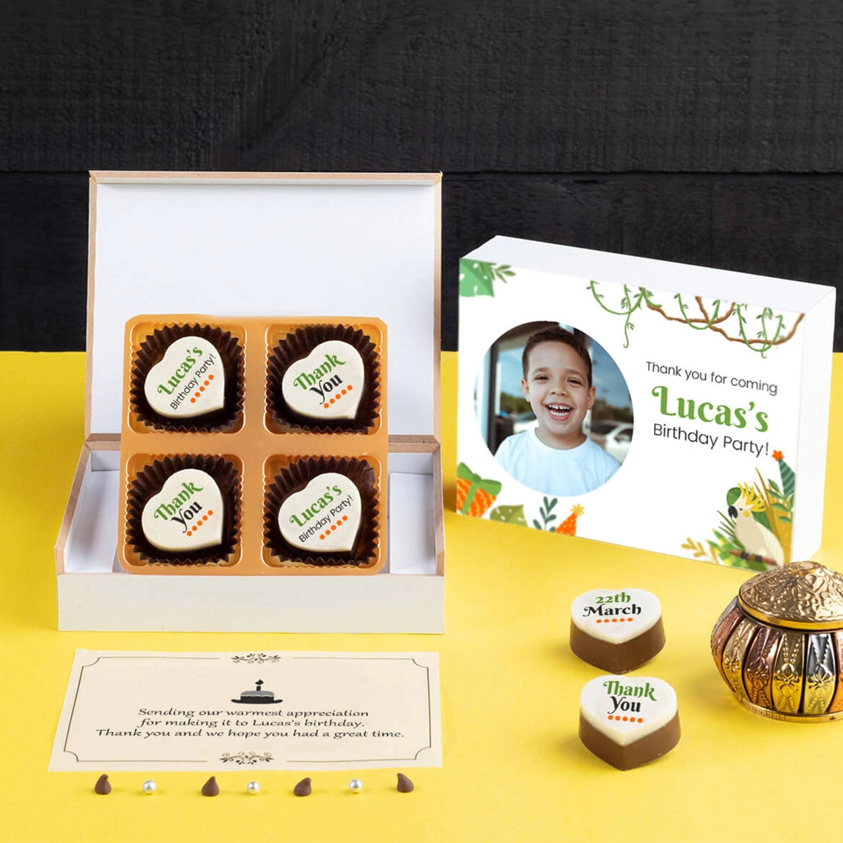 Custom chocolate box used for personalized birthday favors					