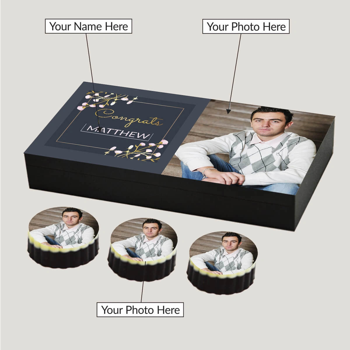 Custom congratulations gift box with photo and name from ChocoCraft