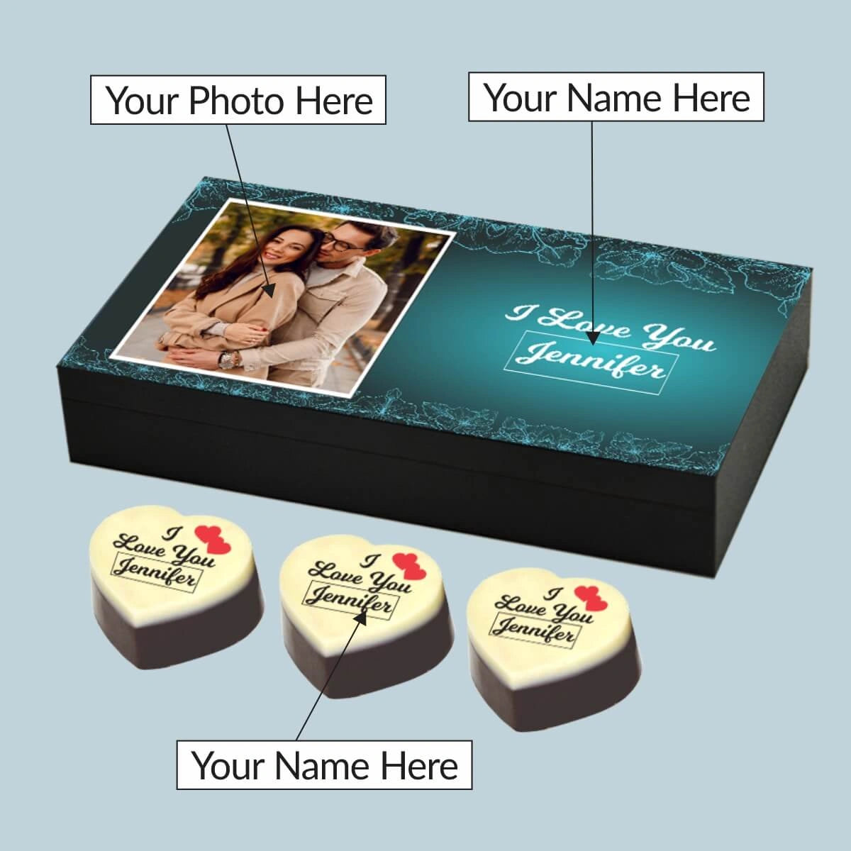 Custom love gift box with photo and name from ChocoCraft