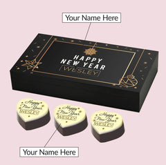 Detail view of custom new year gift with custom message inside wooden gift box for wife