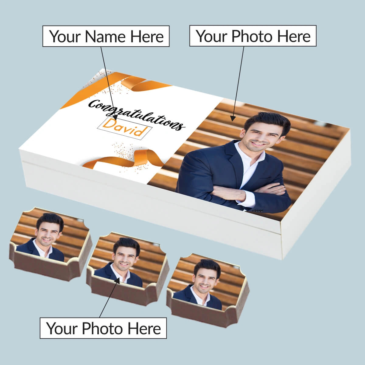 Custom congratulations gift box with photo and name from ChocoCraft