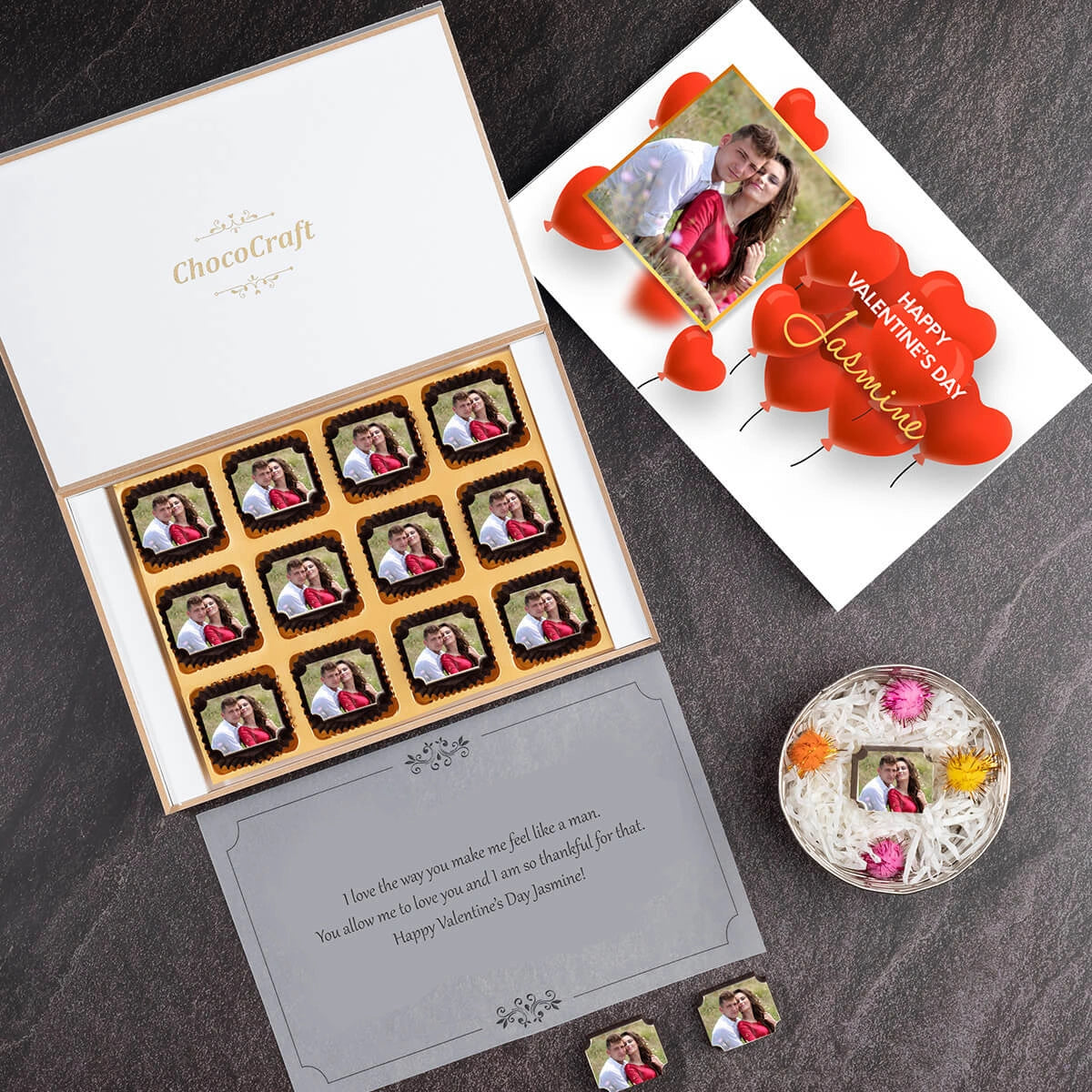 Unboxed custom valentines day gifts with custom ink on chocolates