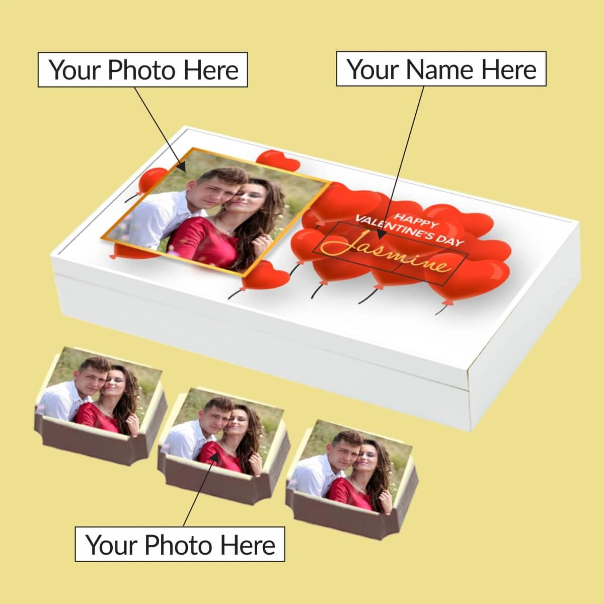 Detail view of custom valentines gifts with custom message inside wooden gift box