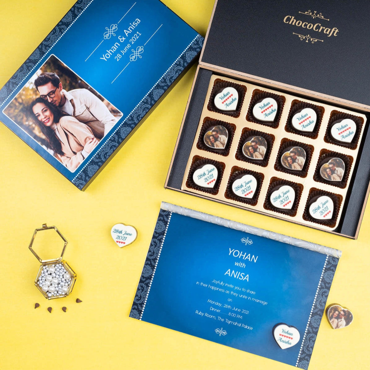 Top view of 12-piece chocolate box for custom wedding invitations

