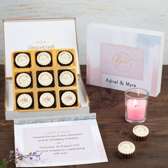 Front view of 9-piece sample box for custom wedding invitations online
