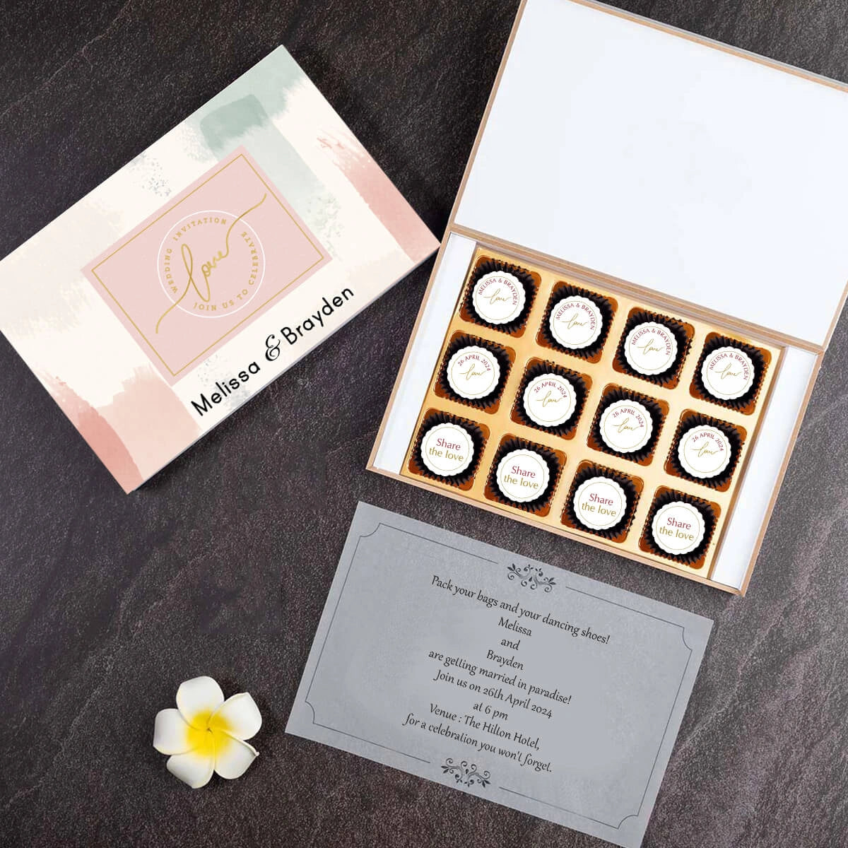 Personalized message insert in custom chocolate wedding invitation box
