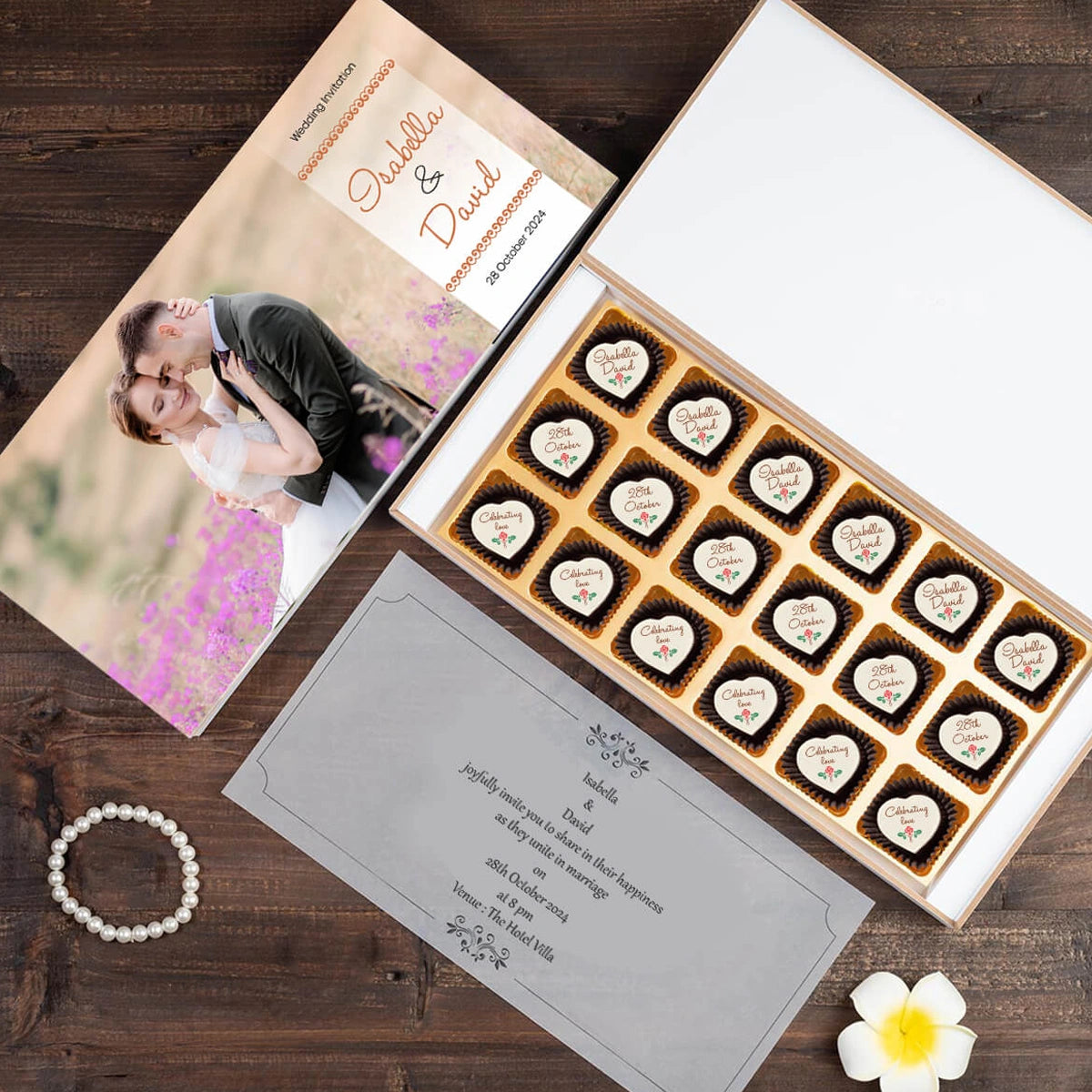 Close-up of printed chocolates used in custom wedding invitation design
