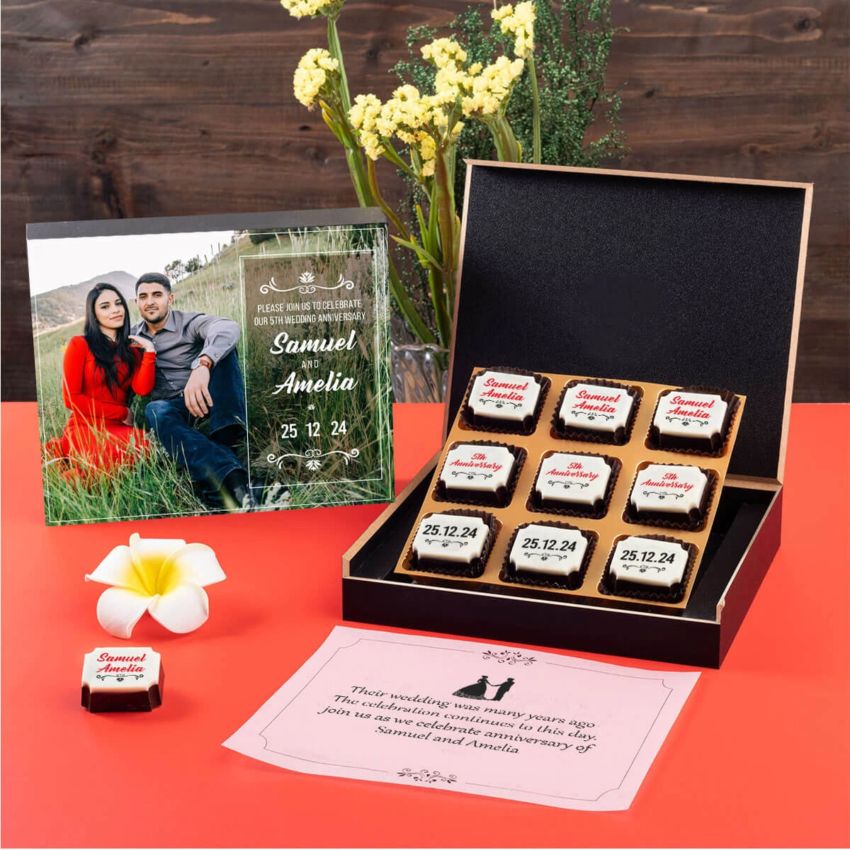 Customized chocolates for anniversary party invites